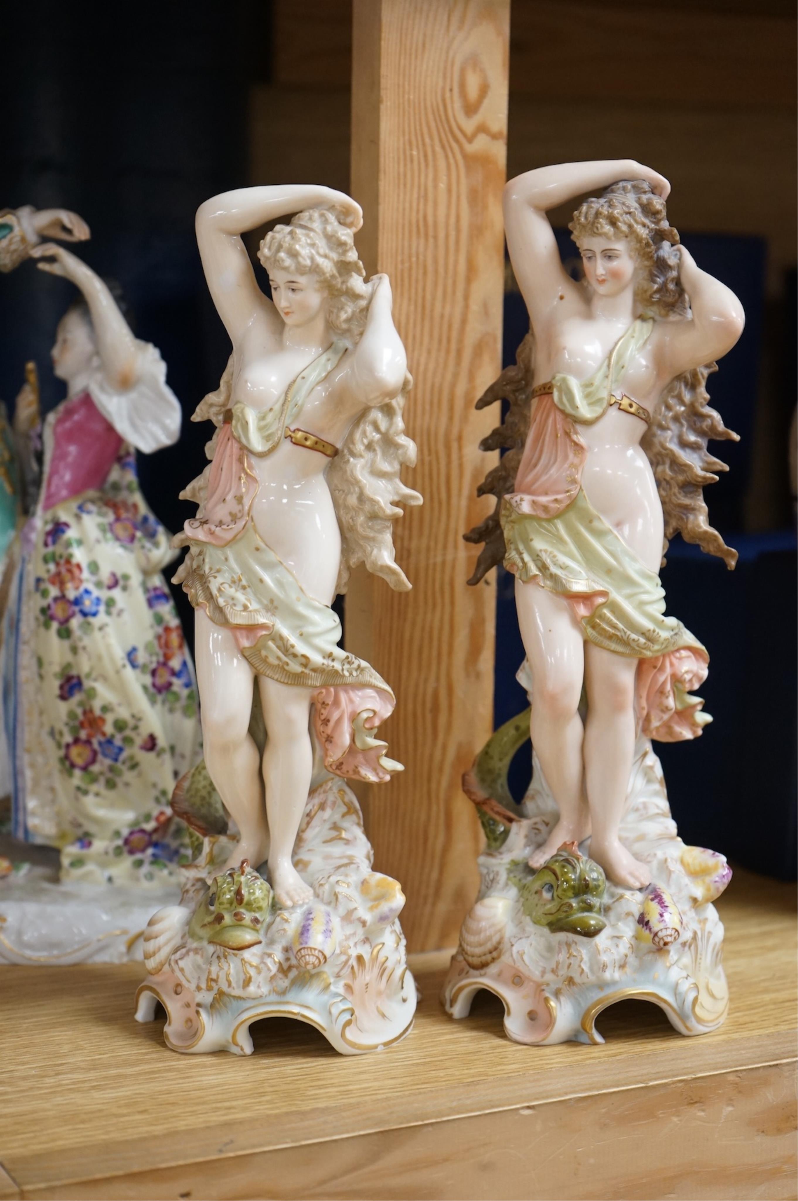 Late 19th century figure groups, including a pair of Samson dancing figures, pair of figures with chicken, pair of Royal Dux Rosenthal and another pair (9), tallest 25cm